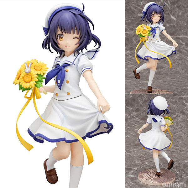 ご注文はうさぎですか？？ マヤ(Summer Uniform) 1/7 完成品フィギュア[プラム]ひらりと翻るセーラー服の襟の躍動感や、スカートをつまみ上げた造形など見所が詰まっています。黄色が色鮮やかなブーケ、足元の石畳の台座など細部も丁寧に製作しました。