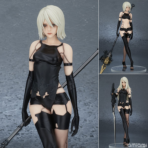 NieR：Automata A2 (ヨルハA型二号 DX版) 完成品フィギュア[スクウェア・エニックス]「ロングヘア頭部」と「放熱キャミソール装着ボディ」「四〇式戦術刀」のフィギュア本体に、差し替えパーツ「ショートヘア頭部」、「放熱キャミソール非装着ボディ」「黒の倨傲(槍)」が付属！